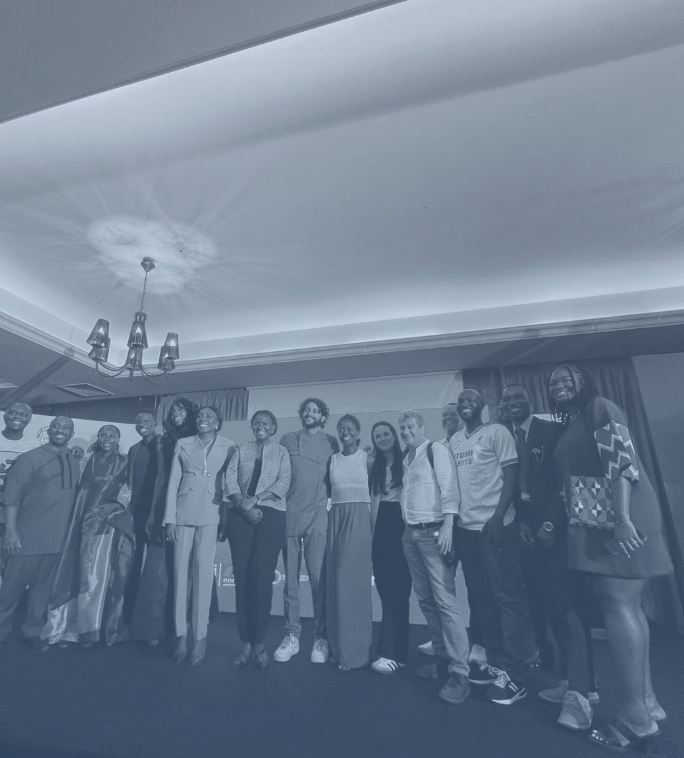 Nomadic Minds team photo at an event in black and white